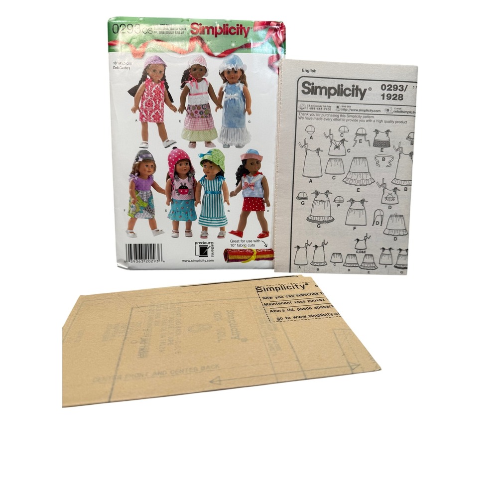 Simplicity Sewing Pattern 0293 18" Doll Clothes New Uncut Dress Hat Wardrobe DIY - Picture 2 of 11